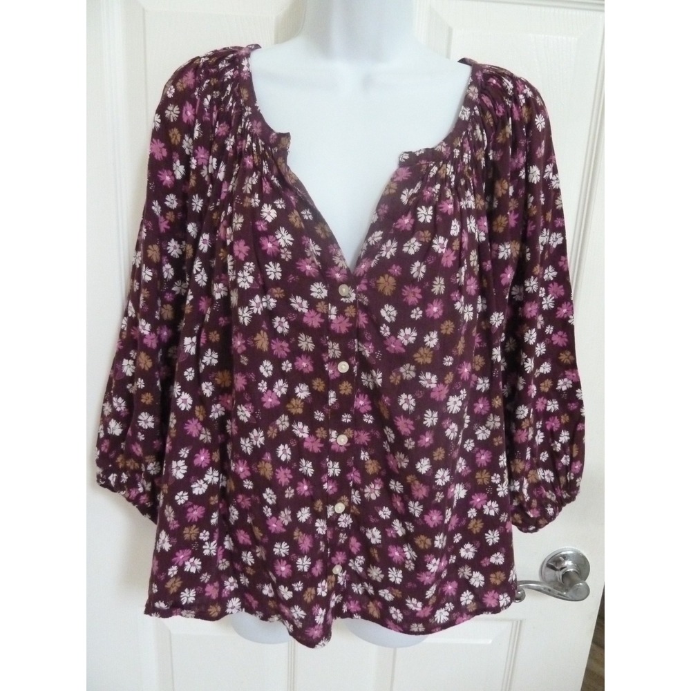 GAP Womens Medium Boho Peasant Blouse Floral Puff Sleeve Button Up Top